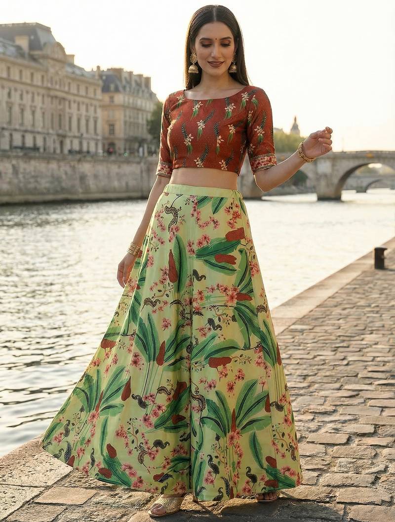 Ethnic Motif Print Satin Semi Stitched Multi Color Croptop & Unstitched Blouse