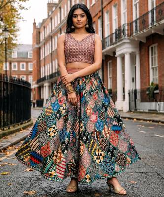 Ajarakh Print Satin Semi Stitched Multi Color Croptop & Unstitched Blouse 1