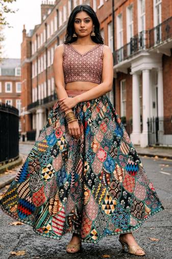 Ajarakh Print Satin Semi Stitched Multi Color Croptop & Unstitched Blouse