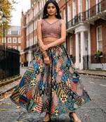 Ajarakh Print Satin Semi Stitched Multi Color Croptop & Unstitched Blouse