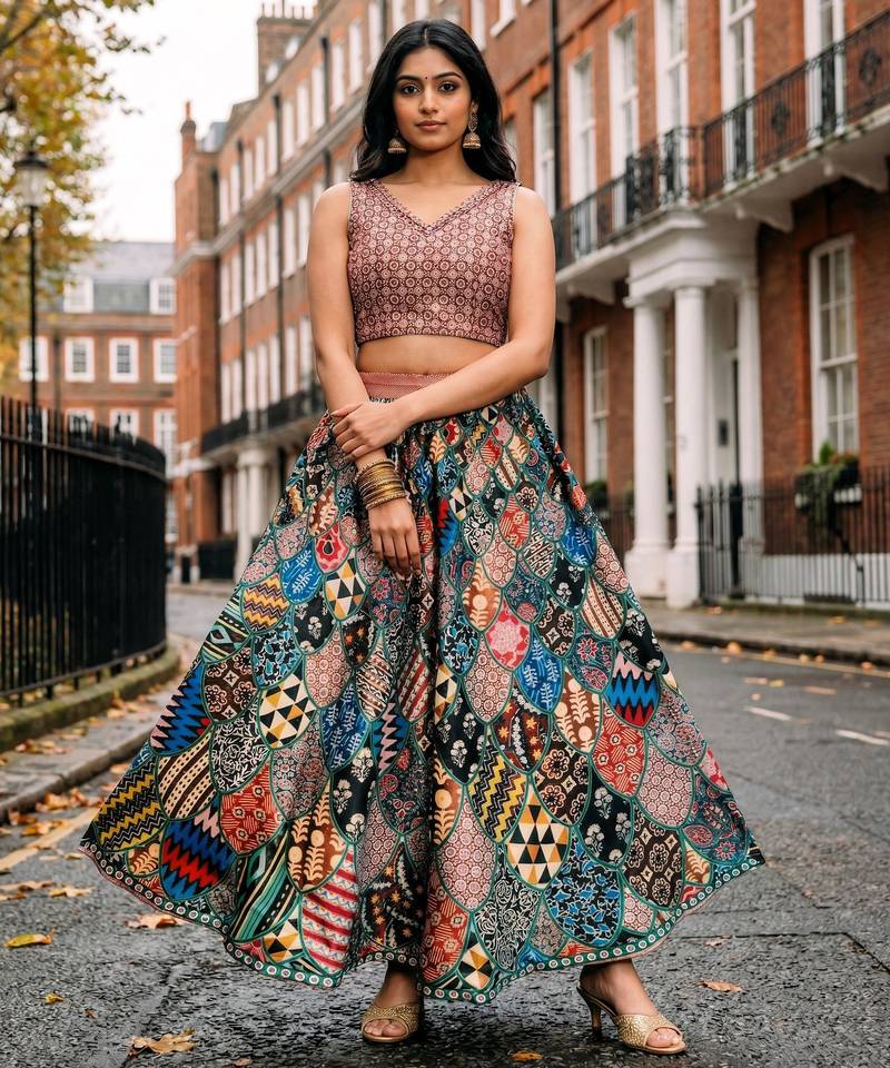 Ajarakh Print Satin Semi Stitched Multi Color Croptop & Unstitched Blouse