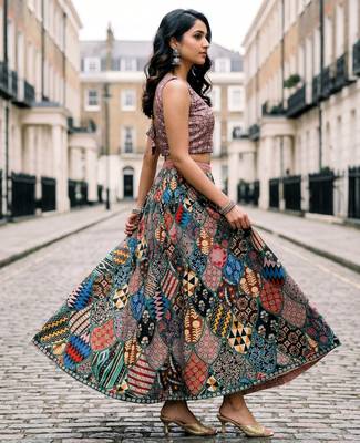 Ajarakh Print Satin Semi Stitched Multi Color Croptop & Unstitched Blouse 2