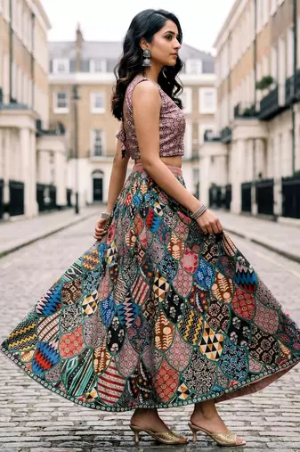Ajarakh Print Satin Semi Stitched Multi Color Croptop & Unstitched Blouse