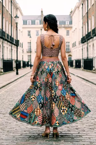 Ajarakh Print Satin Semi Stitched Multi Color Croptop & Unstitched Blouse