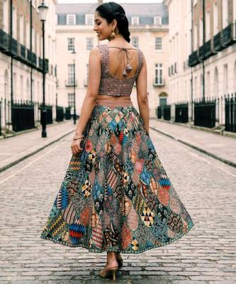 Ajarakh Print Satin Semi Stitched Multi Color Croptop & Unstitched Blouse 4