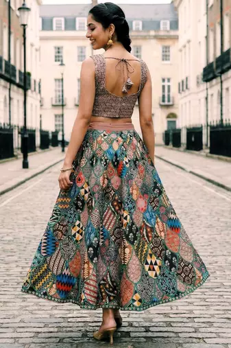 Ajarakh Print Satin Semi Stitched Multi Color Croptop & Unstitched Blouse