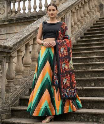 Geomatric Print Satin Semi Stitched Lehenga Choli & Unstitched Blouse With Dupatta 1