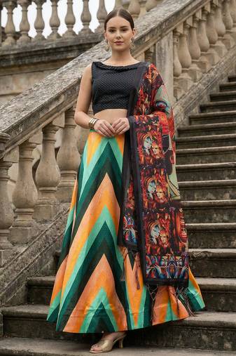 Geomatric Print Satin Semi Stitched Lehenga Choli & Unstitched Blouse With Dupatta