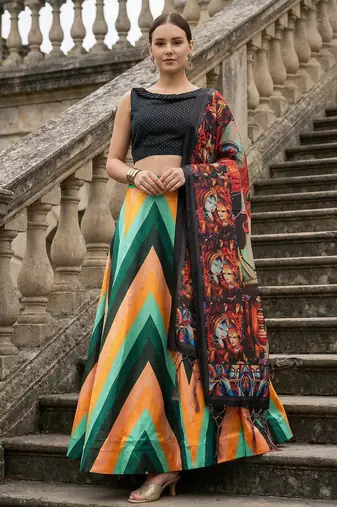 Geomatric Print Satin Semi Stitched Lehenga Choli & Unstitched Blouse With Dupatta
