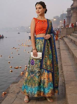 Pichvai Print Satin Semi Stitched Lehenga Choli & Unstitched Blouse With Dupatta 1