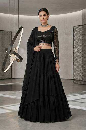 Black Foux Gorgette, Sequins, Embroidery, Lehenga Blouse Set