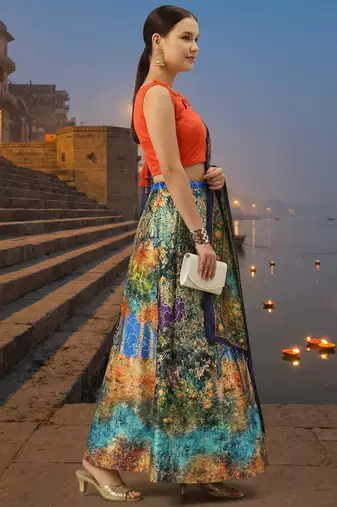 Pichvai Print Satin Semi Stitched Lehenga Choli & Unstitched Blouse With Dupatta