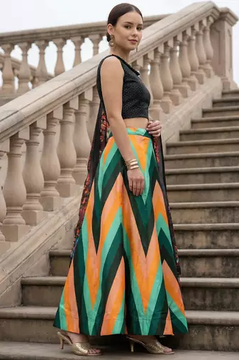 Geomatric Print Satin Semi Stitched Lehenga Choli & Unstitched Blouse With Dupatta