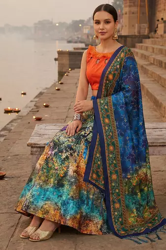 Pichvai Print Satin Semi Stitched Lehenga Choli & Unstitched Blouse With Dupatta