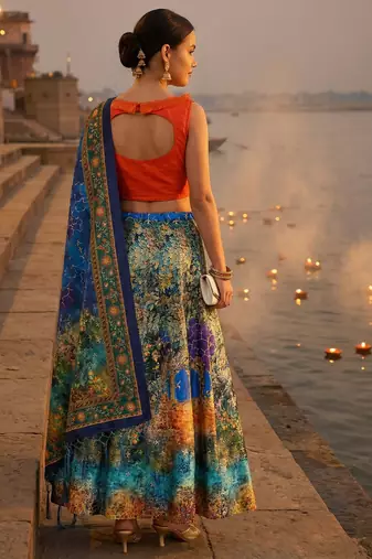 Pichvai Print Satin Semi Stitched Lehenga Choli & Unstitched Blouse With Dupatta