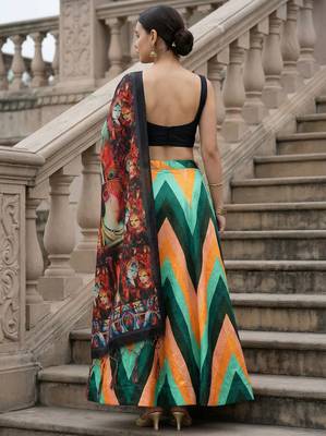 Geomatric Print Satin Semi Stitched Lehenga Choli & Unstitched Blouse With Dupatta 3
