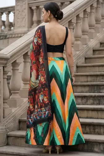 Geomatric Print Satin Semi Stitched Lehenga Choli & Unstitched Blouse With Dupatta