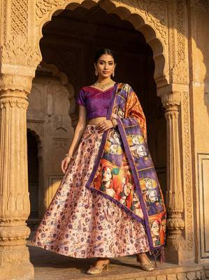 Kalamkari Print Satin Semi Stitched Lehenga Choli & Unstitched Blouse With Dupatta 1