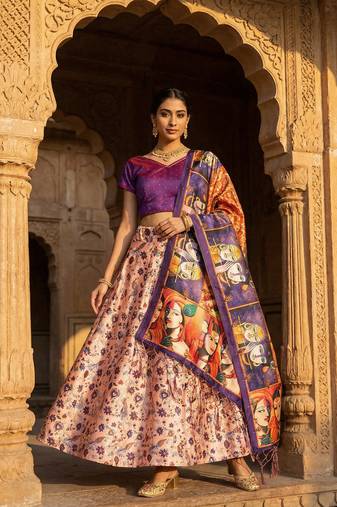 Kalamkari Print Satin Semi Stitched Lehenga Choli & Unstitched Blouse With Dupatta