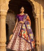 Kalamkari Print Satin Semi Stitched Lehenga Choli & Unstitched Blouse With Dupatta