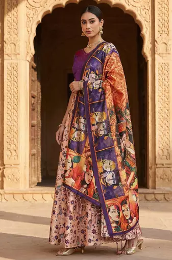 Kalamkari Print Satin Semi Stitched Lehenga Choli & Unstitched Blouse With Dupatta