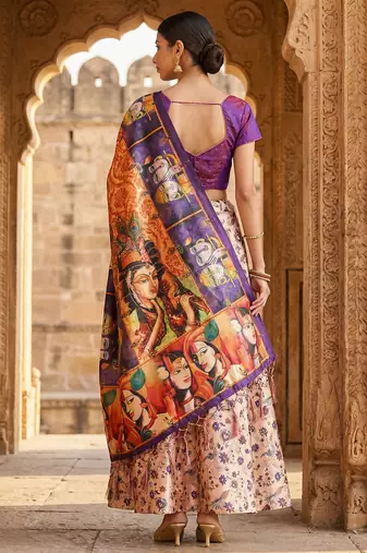 Kalamkari Print Satin Semi Stitched Lehenga Choli & Unstitched Blouse With Dupatta