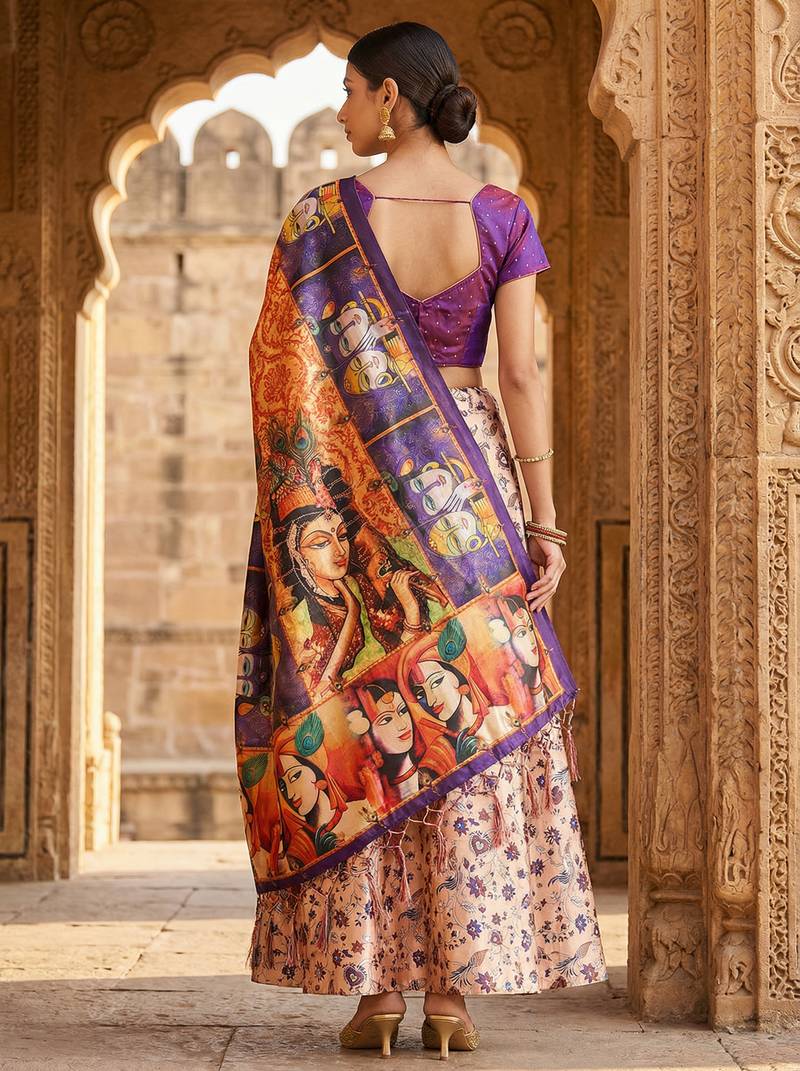 Kalamkari Print Satin Semi Stitched Lehenga Choli & Unstitched Blouse With Dupatta