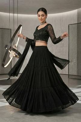 Black Foux Gorgette, Sequins, Embroidery, Lehenga Blouse Set 2