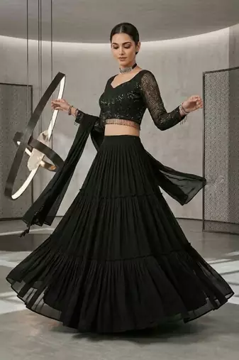 Black Foux Gorgette, Sequins, Embroidery, Lehenga Blouse Set