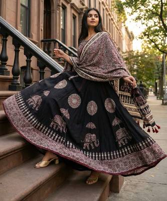 Navratri Ajarakh Print Rayon Semi Stitched Lehenga Choli & Unstitched Blouse With Dupatta 1