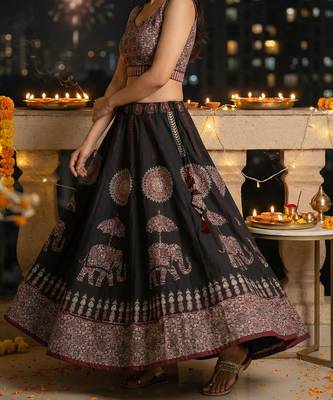 Navratri Ajarakh Print Rayon Semi Stitched Lehenga Choli & Unstitched Blouse With Dupatta 2