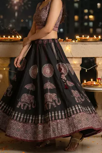 Navratri Ajarakh Print Rayon Semi Stitched Lehenga Choli & Unstitched Blouse With Dupatta