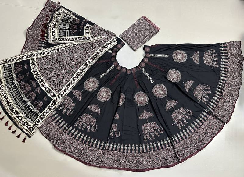 Navratri Ajarakh Print Rayon Semi Stitched Lehenga Choli & Unstitched Blouse With Dupatta