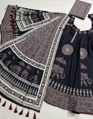 Navratri Ajarakh Print Rayon Semi Stitched Lehenga Choli & Unstitched Blouse With Dupatta 4