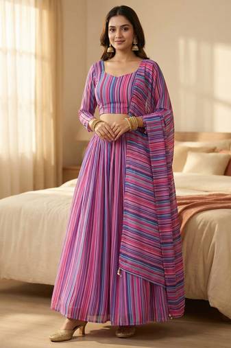 Georgete Striped Printed SemiStitched Lehenga choli