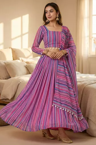 Georgete Striped Printed SemiStitched Lehenga choli