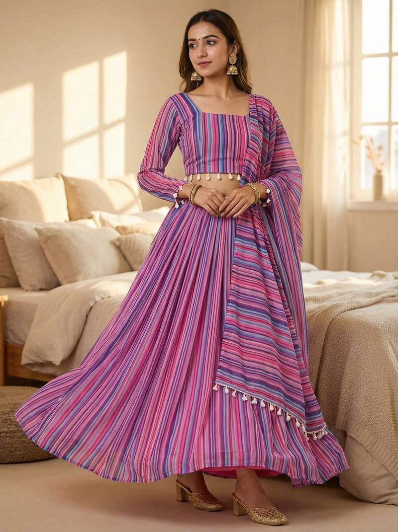 Georgete Striped Printed SemiStitched Lehenga choli