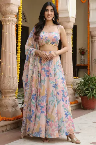 Georgete Tropical Printed SemiStitched  Flaired Lehenga choli