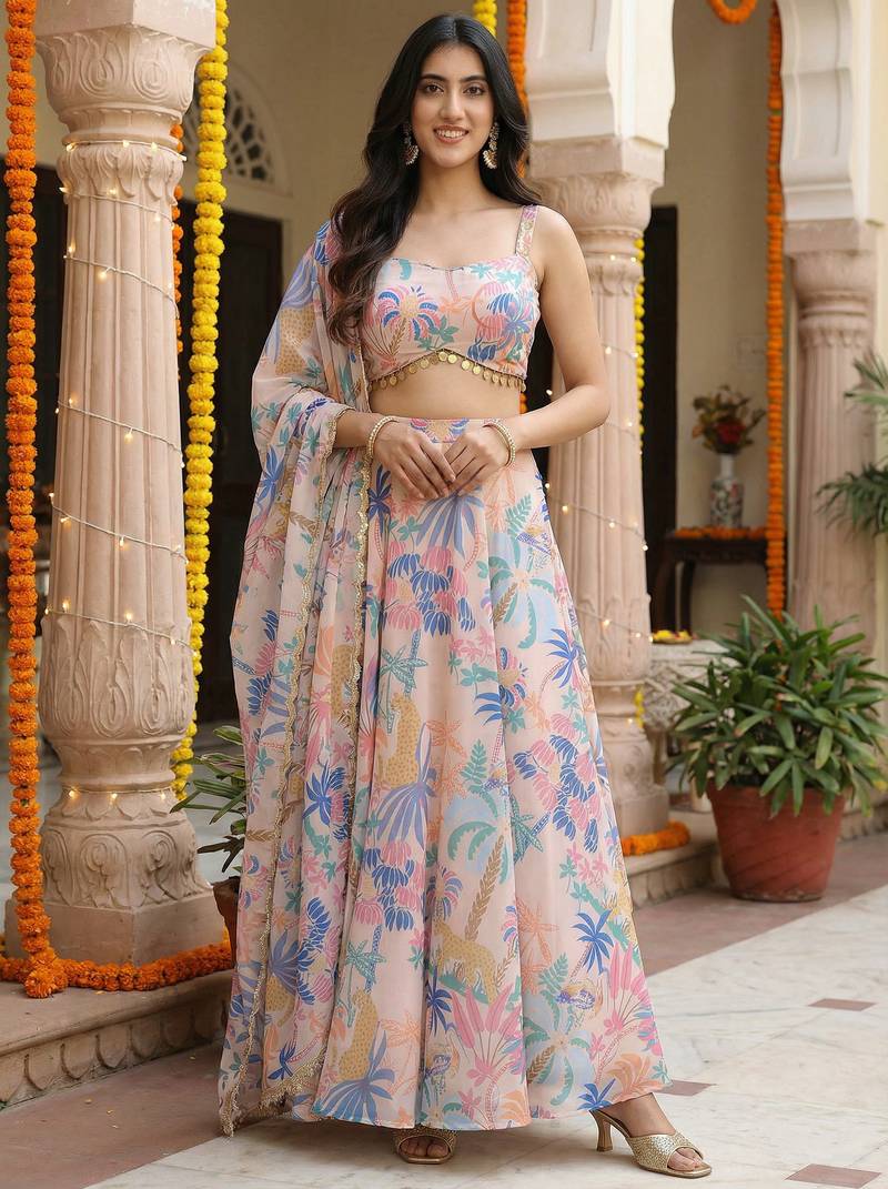 Georgete Tropical Printed SemiStitched  Flaired Lehenga choli