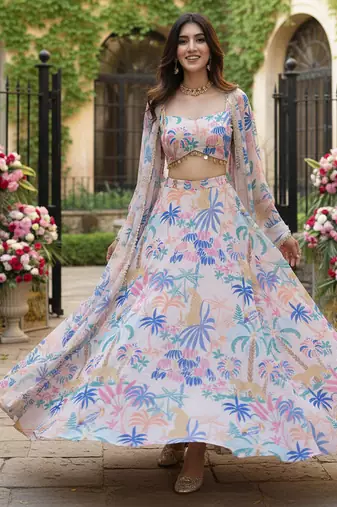 Georgete Tropical Printed SemiStitched  Flaired Lehenga choli
