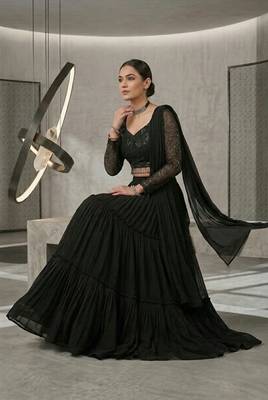 Black Foux Gorgette, Sequins, Embroidery, Lehenga Blouse Set 3