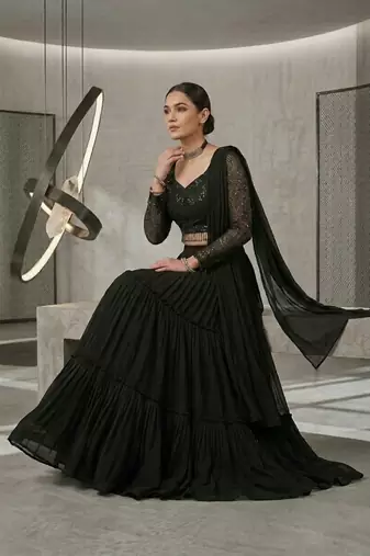 Black Foux Gorgette, Sequins, Embroidery, Lehenga Blouse Set