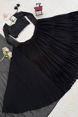 Black Foux Gorgette, Sequins, Embroidery, Lehenga Blouse Set 4
