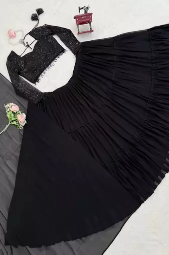 Black Foux Gorgette, Sequins, Embroidery, Lehenga Blouse Set