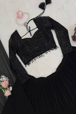 Black Foux Gorgette, Sequins, Embroidery, Lehenga Blouse Set 5
