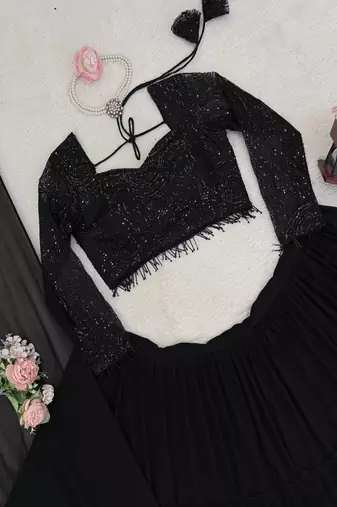 Black Foux Gorgette, Sequins, Embroidery, Lehenga Blouse Set