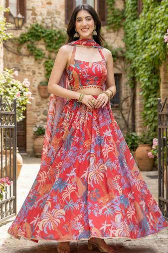 Georgete Tropical Printed SemiStitched  Flaired Lehenga choli