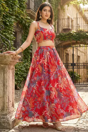 Georgete Tropical Printed SemiStitched  Flaired Lehenga choli