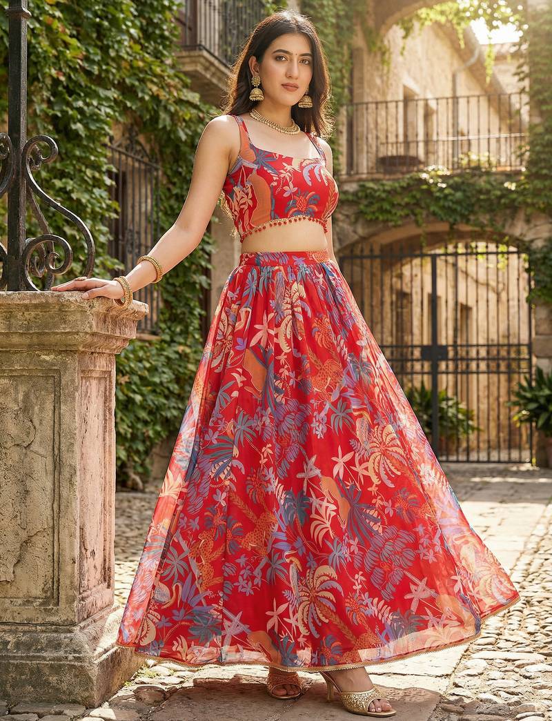 Georgete Tropical Printed SemiStitched  Flaired Lehenga choli