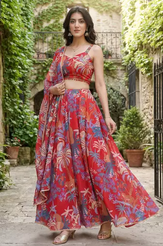 Georgete Tropical Printed SemiStitched  Flaired Lehenga choli